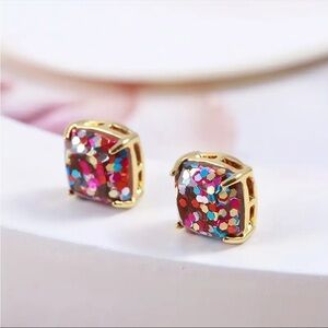 Confetti Glitter Square Stud Earrings Gold Tone Multicolor Sparkle NWT